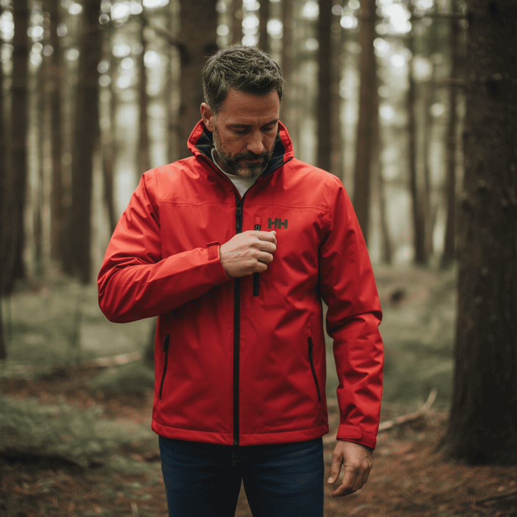 HELLY HANSEN red waterproof jacket with full-zip front and stand collar