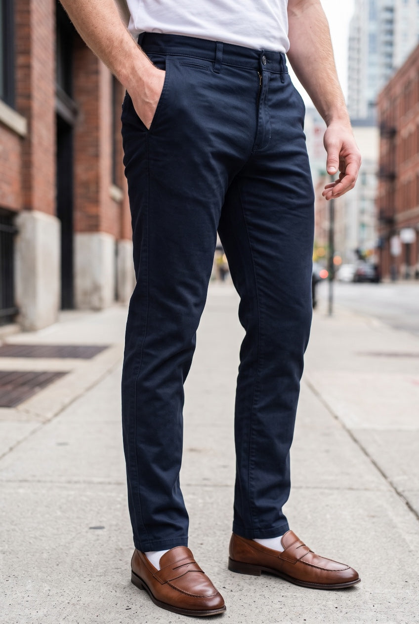 NALO navy stretch chinos, slim fit with straight legs and zip fly