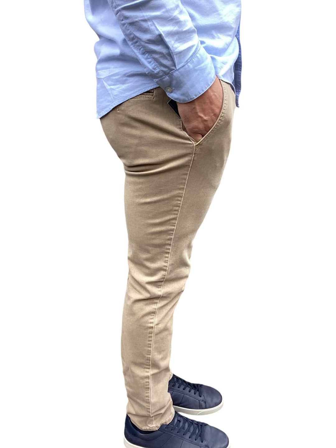 Beige stretch slim-fit chino pants, side view, zip fly and front pockets
