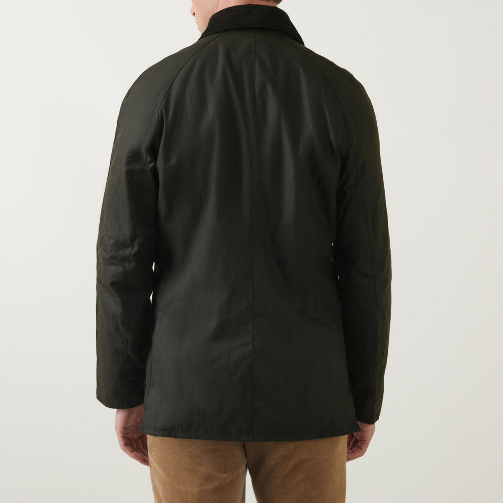 Back of wax jacket with stand collar and smooth rear panel