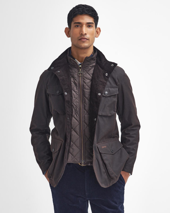 Barbour Ogston wax jacket, dark brown, multiple flap pockets and zip front