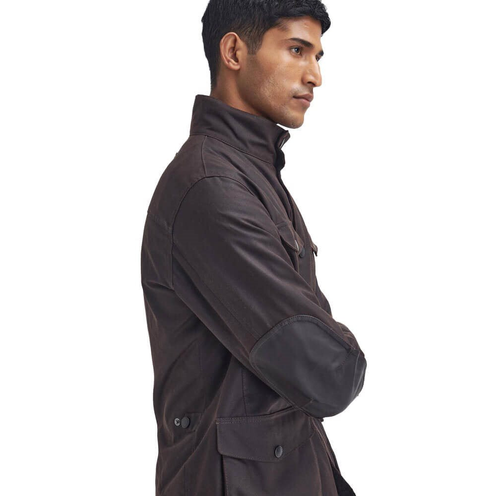 Barbour Ogston wax jacket, dark brown, side profile with flap pockets
