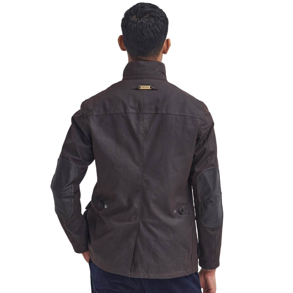 Barbour Ogston wax jacket, dark brown, back view with storm flap yoke