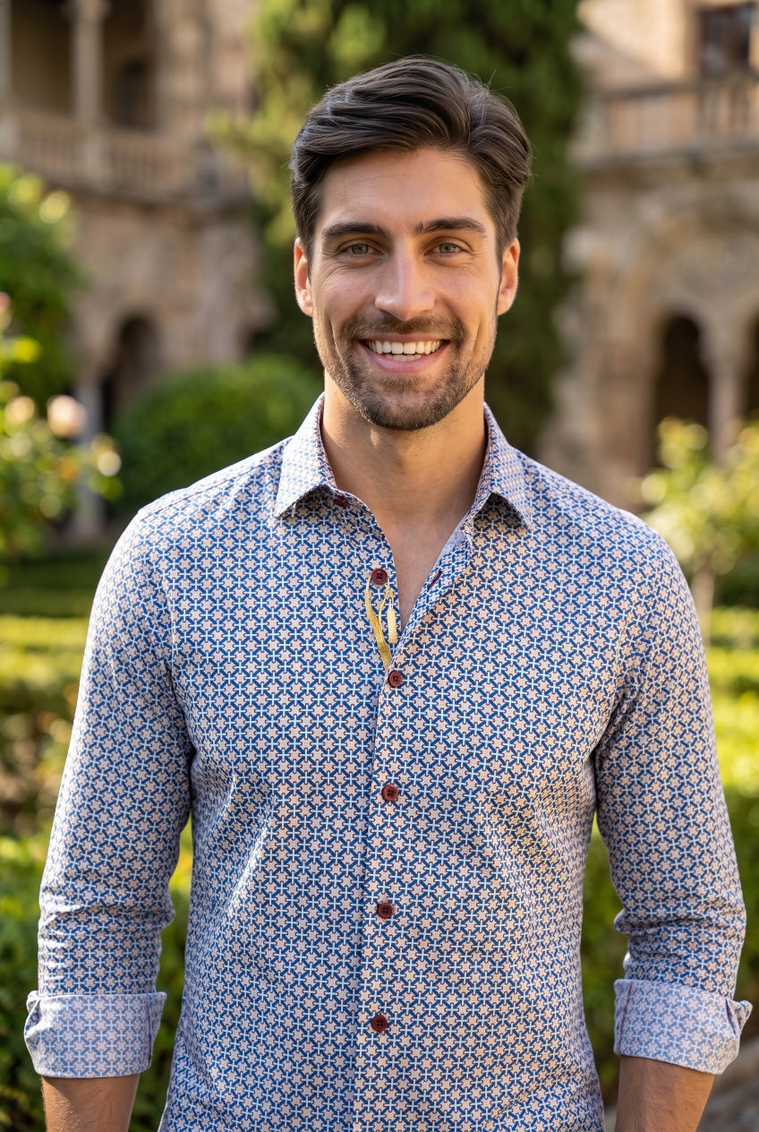 6TH SENSE print shirt in blue pattern, long-sleeve button-up