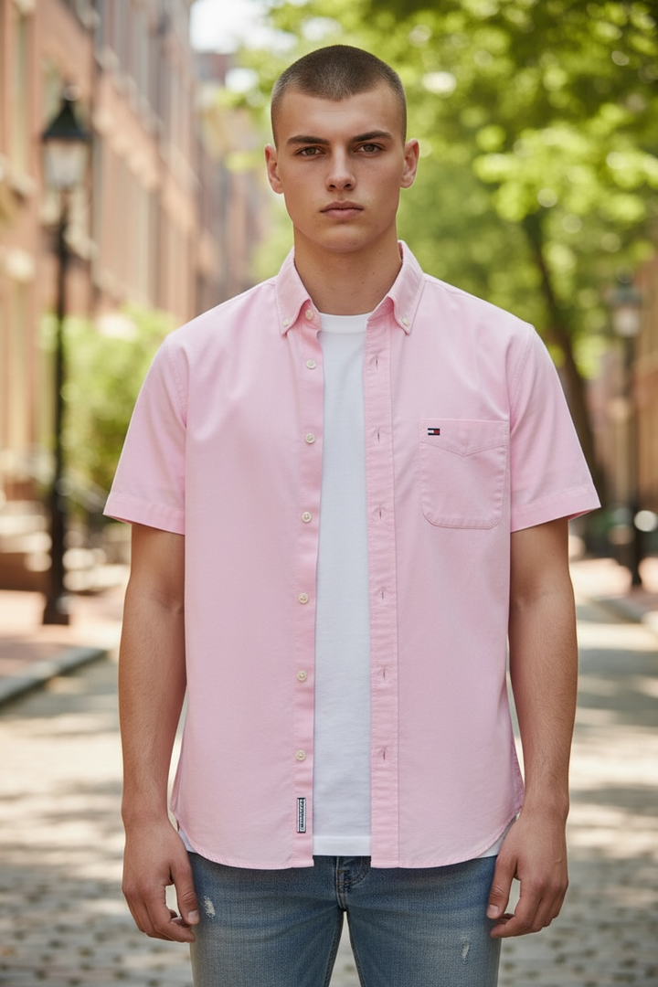 Image for TOMMY HILFIGER LIGHT OXFORD SHORT SLEEVE PINK  SHIRT | Tommy Hilfiger | Morans Menswear