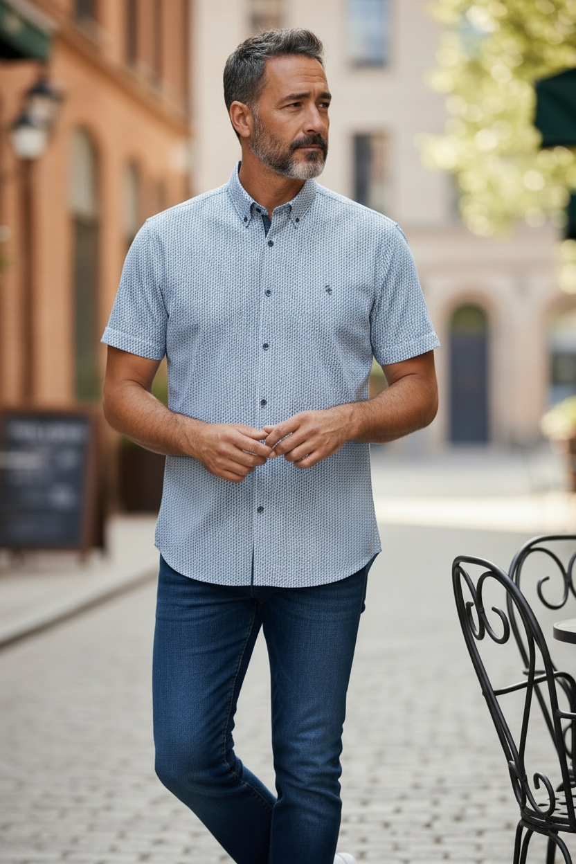 Image for CASA MODA KENT AQUA  BLUE SHORT SLEEVE PRINT  SHIRT | Casa Moda | Morans Menswear
