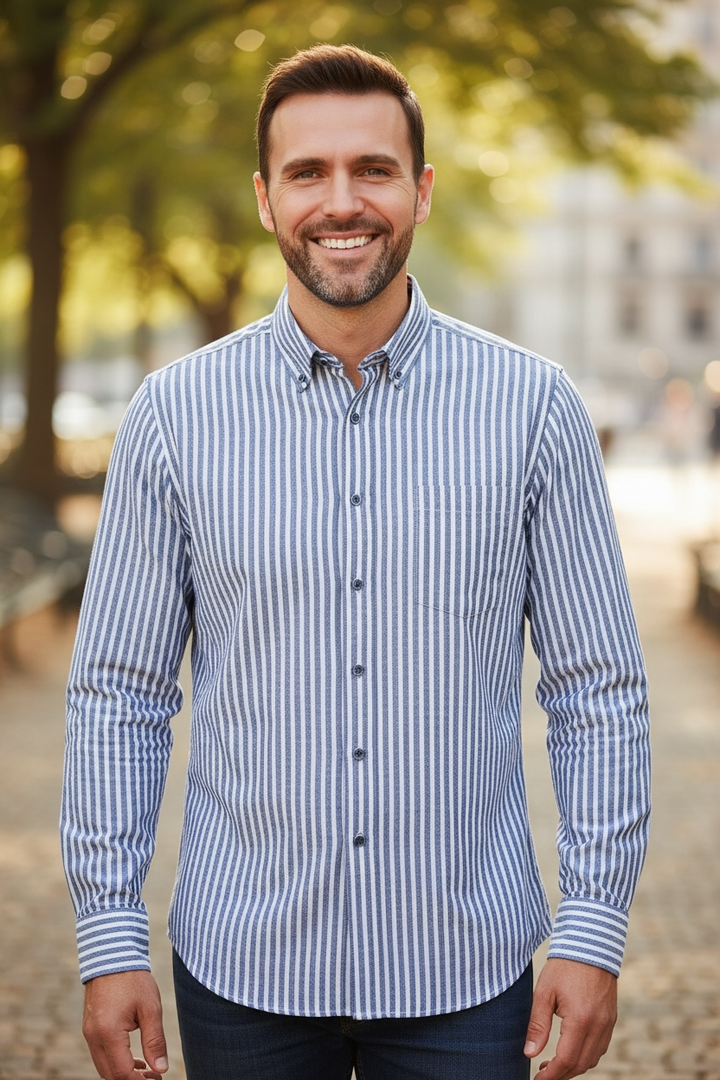 Image for CASA MODA STRIPED BLUE LONG SLEEVE LINEN  SHIRT | Casa Moda | Morans Menswear