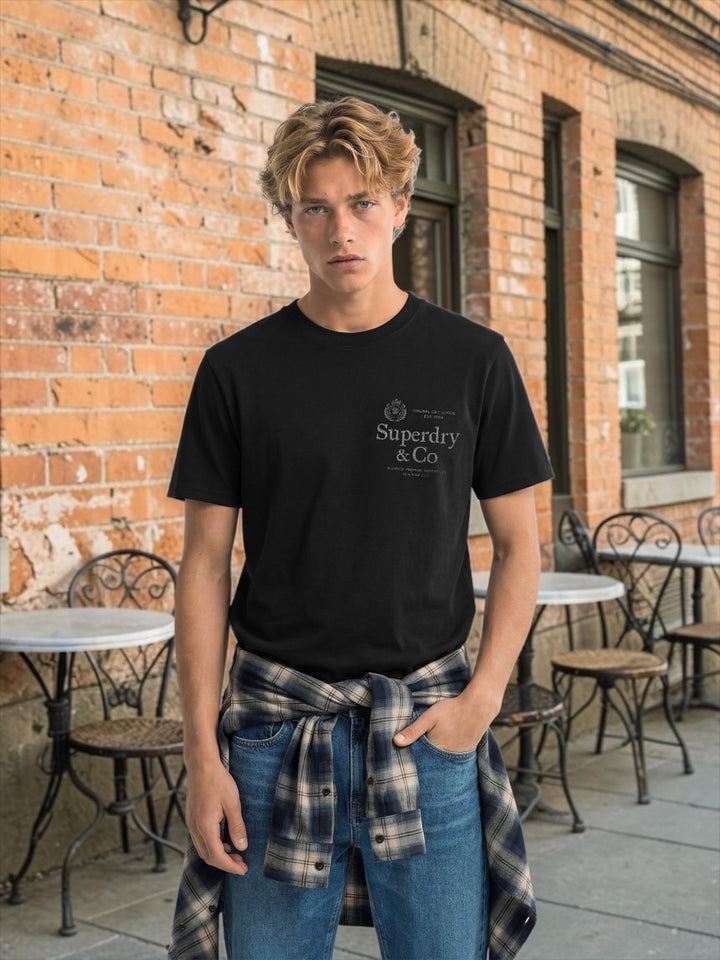 SUPERDRY relaxed crew-neck T-shirt, black with Superdry &amp; Co chest graphic