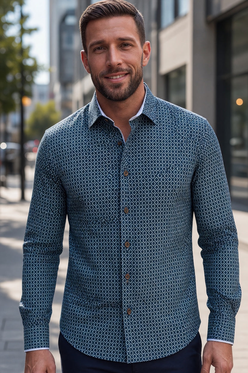 Dark navy patterned button-up dress shirt with long sleeves and pointed collar
