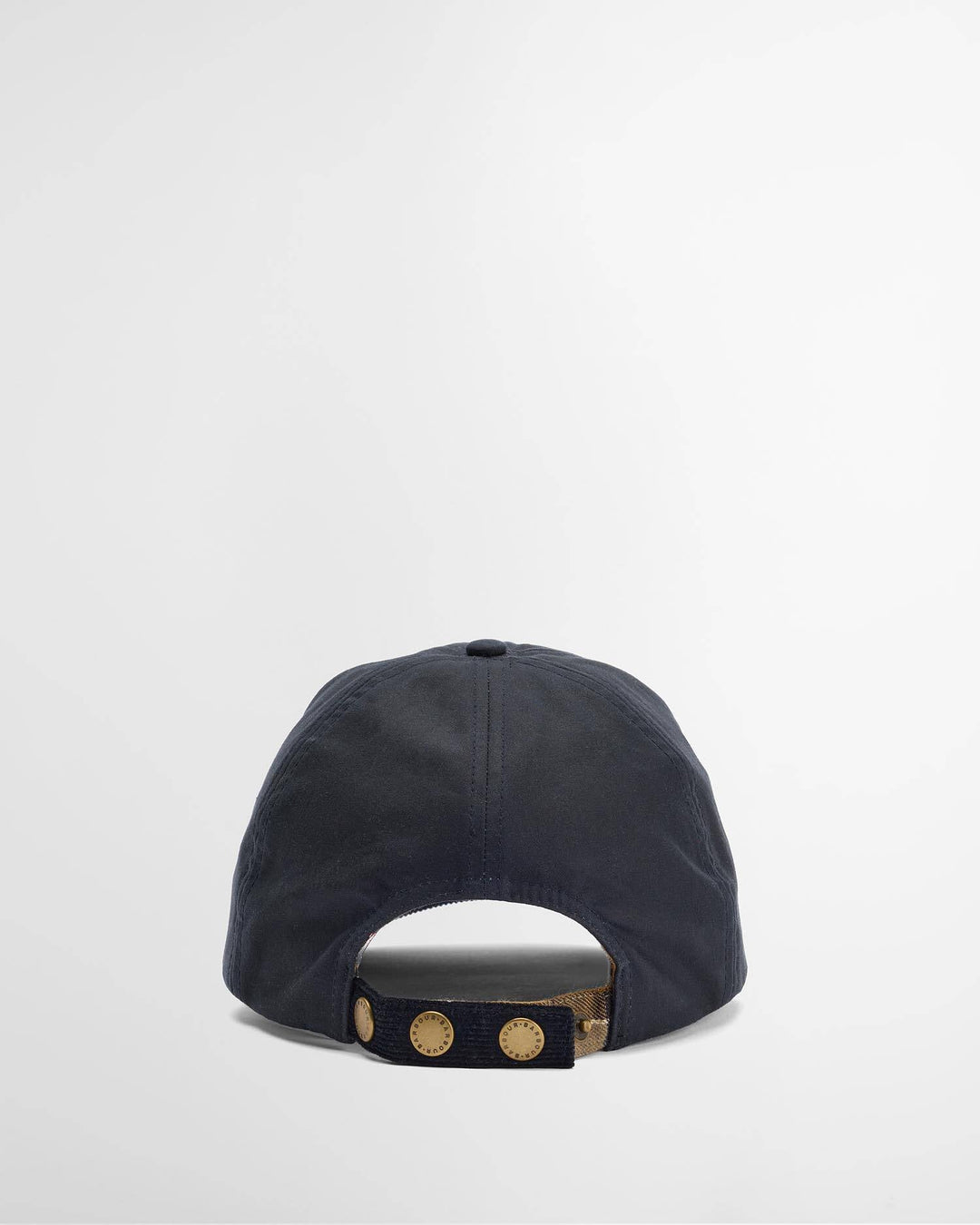 Navy Barbour Ashby cap back view with adjustable strap and grommets