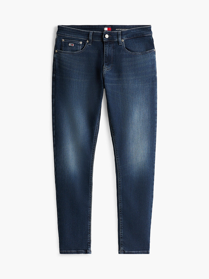 Dark blue slim-fit denim jeans with button waistband, belt loops, and five-pocket design