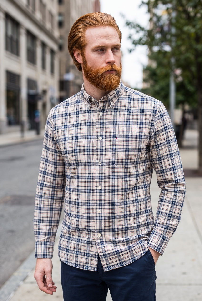 TOMMY HILFIGER tartan check oxford shirt, long-sleeve button-up, beige and blue.
