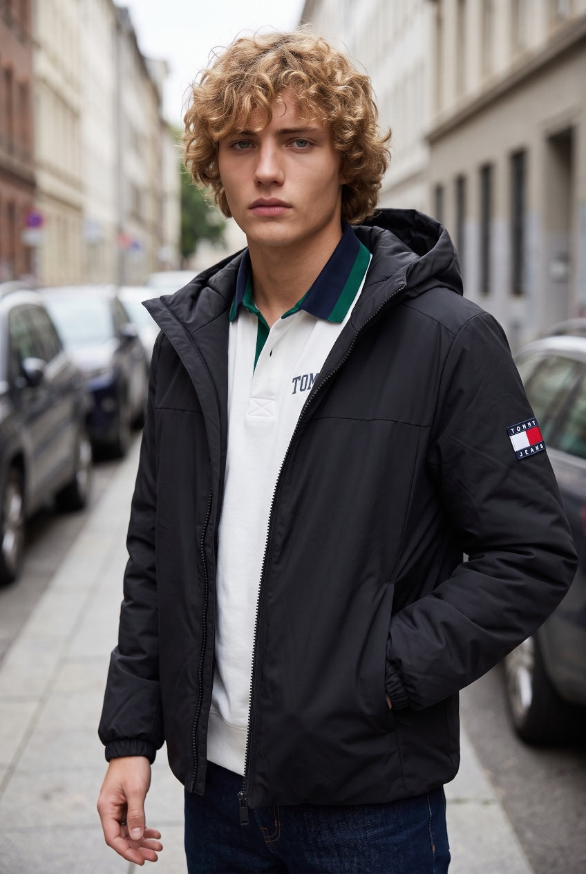 Black padded poly jacket with hood, zip front, TOMMY JEANS logo patch