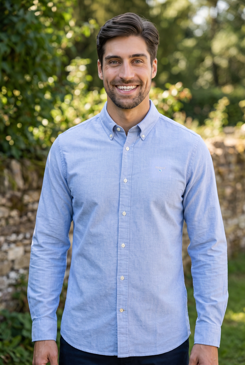 Barbour blue tailored oxford button-up shirt with long sleeves, front buttons, collar