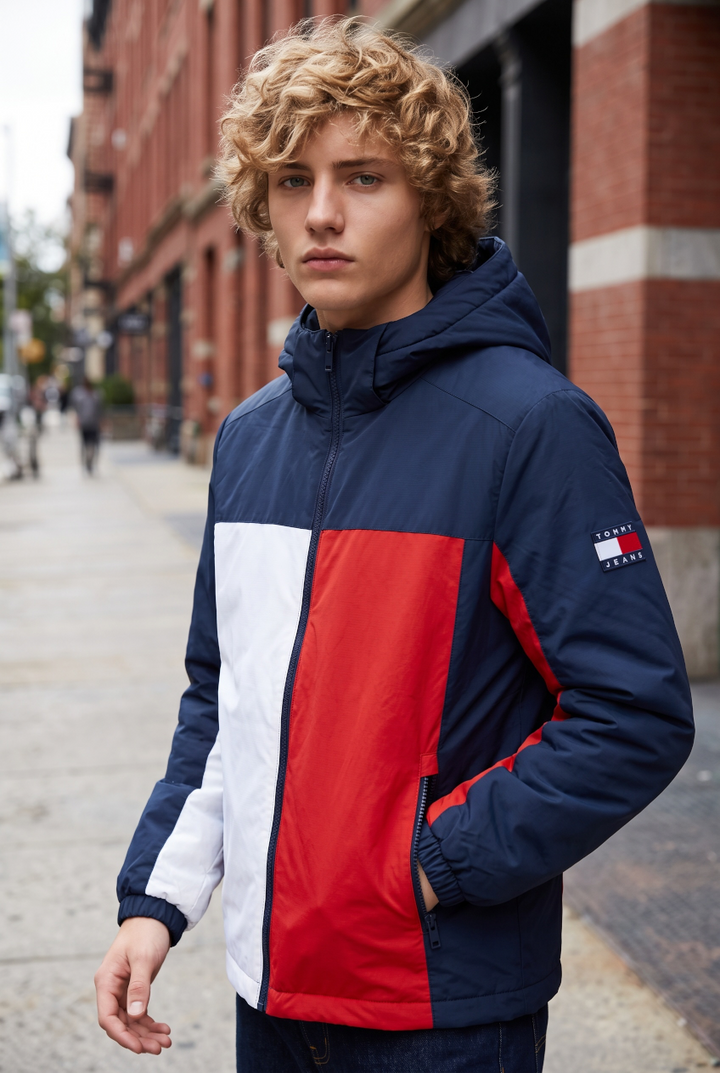 Hooded TOMMY JEANS padded poly jacket with dark blue, red, and white color blocks.
