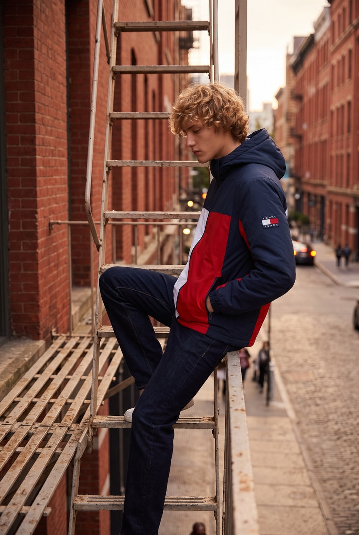 TOMMY JEANS padded poly jacket in dark blue with red and white panels, hooded zip.