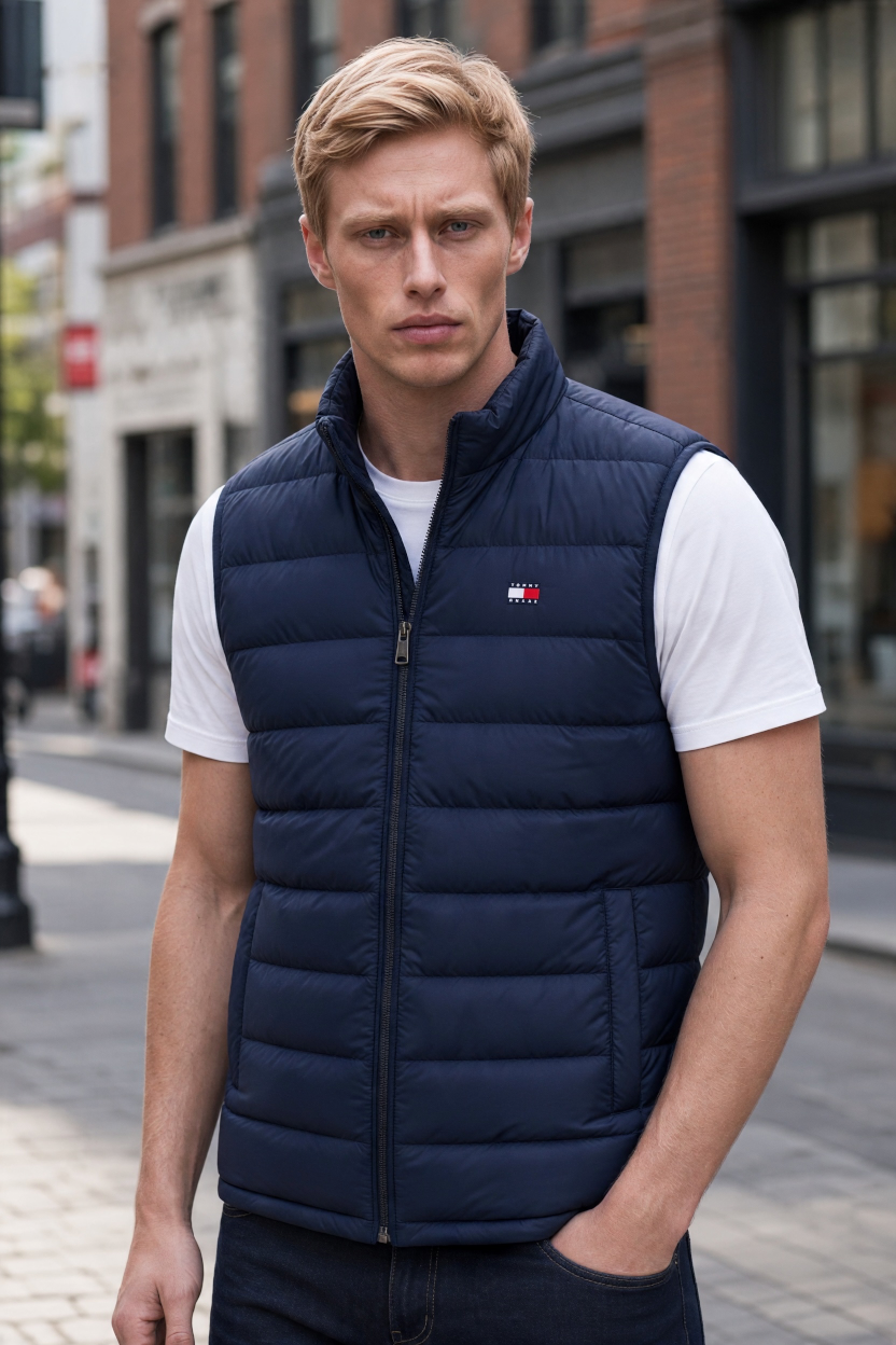 Navy quilted packable gilet vest with full zip and stand collar
