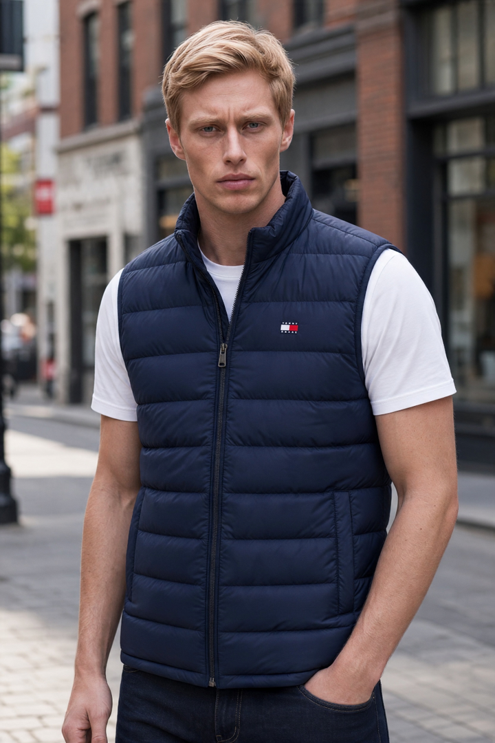 Navy quilted packable gilet vest with full zip and stand collar