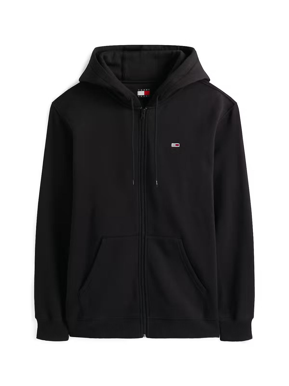 Black zip-up hoodie with hood, front pockets, and TOMMY JEANS flag logo on chest