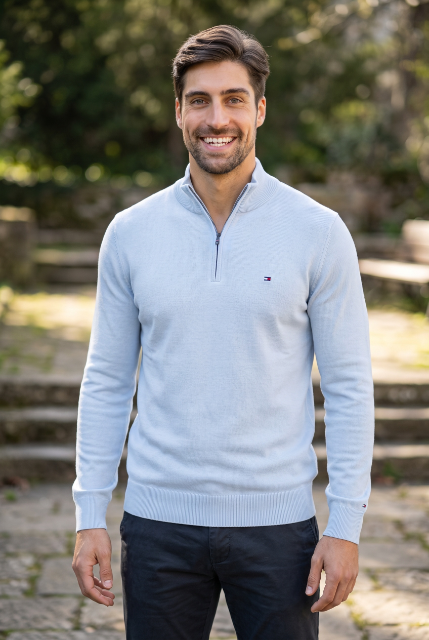 TOMMY HILFIGER BLUE ESS COTTON ZIP MOCK SWEATER