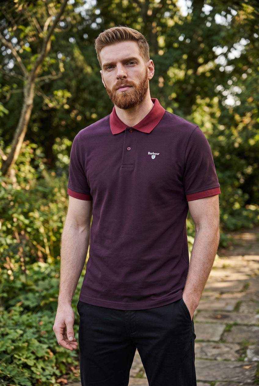 Barbour polo shirt, maroon/bordeaux with contrast collar and small chest logo