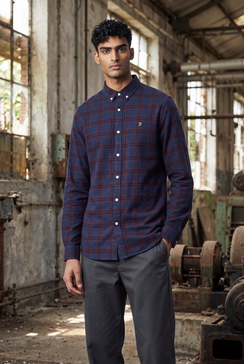 Farah organic check shirt: long-sleeve button-up in dark bordeaux/navy plaid.