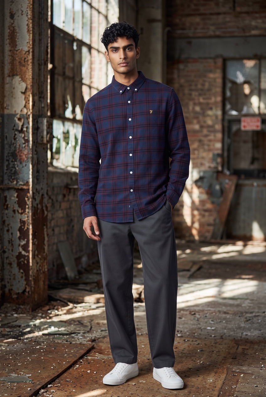 Farah organic check shirt with small chest logo, long-sleeve button-up in bordeaux/navy plaid.