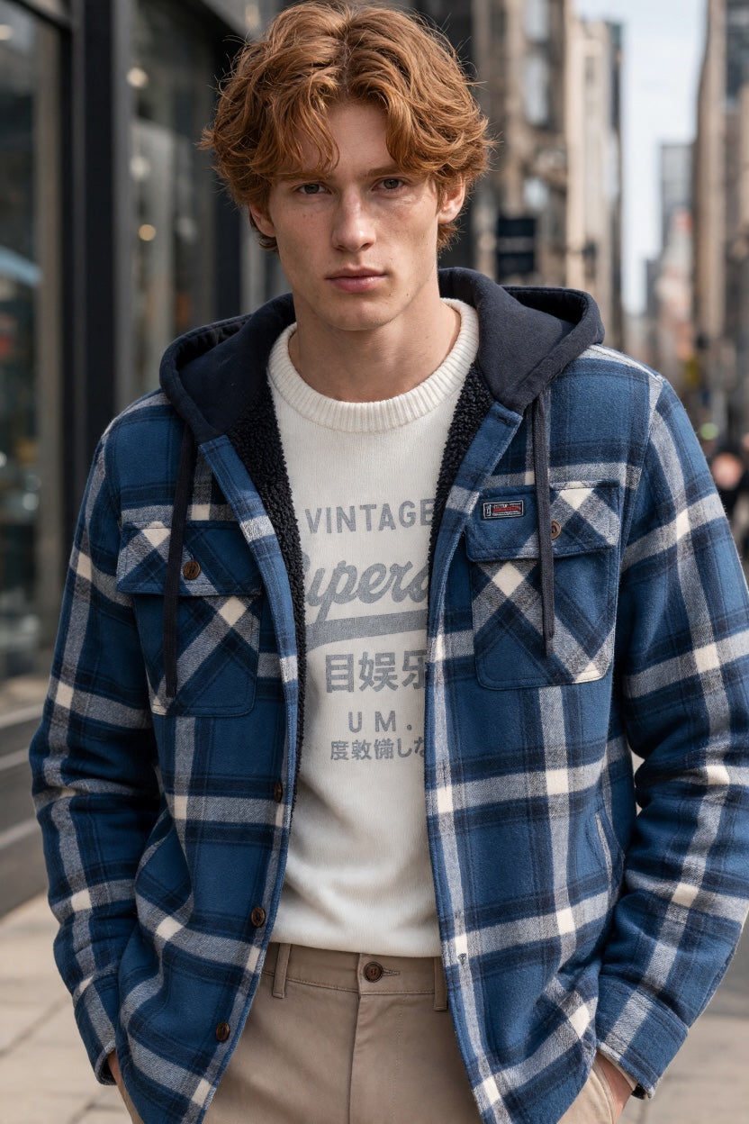 SUPERDRY blue plaid borg-lined hooded overshirt, front button closure