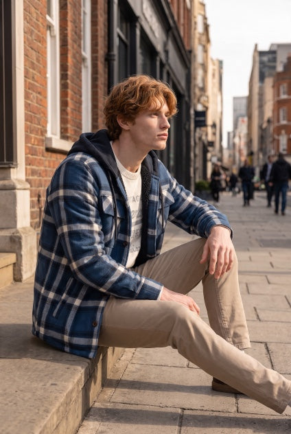 SUPERDRY blue plaid borg-lined hooded overshirt with hood and patch pocket