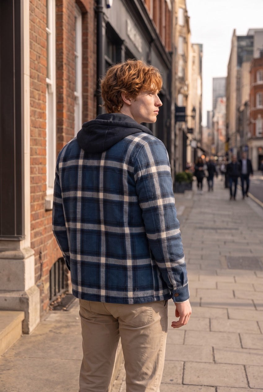 SUPERDRY blue plaid borg-lined hooded overshirt, side view