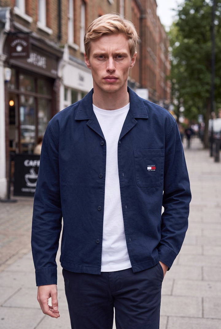 TOMMY JEANS dark blue boxy brushed waffle button-up shirt with chest pocket
