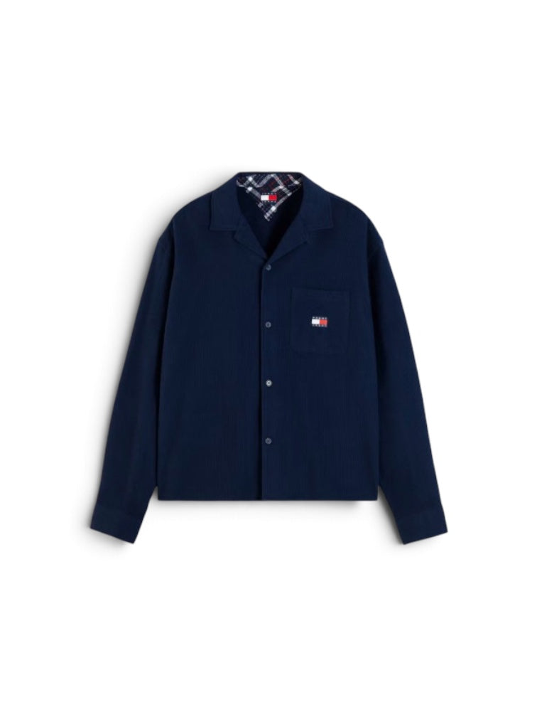 Dark blue boxy brushed waffle button-up shirt, long sleeves, chest pocket logo