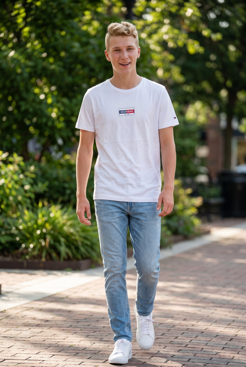 TOMYY HILFIGER white crewneck short-sleeve tee with small chest flag logo on model