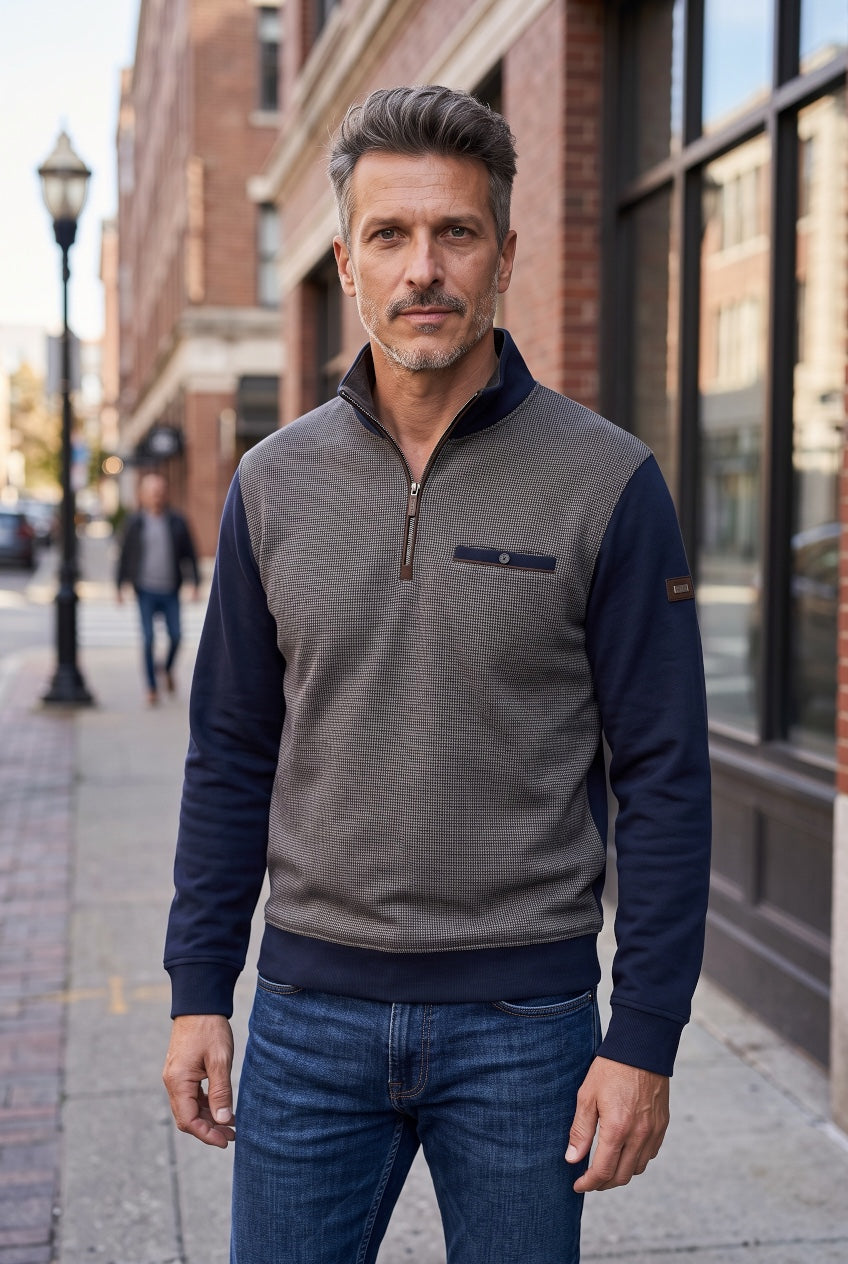 BUGATTI BROWN PRINT NAVY 1/2 ZIP SWEAT