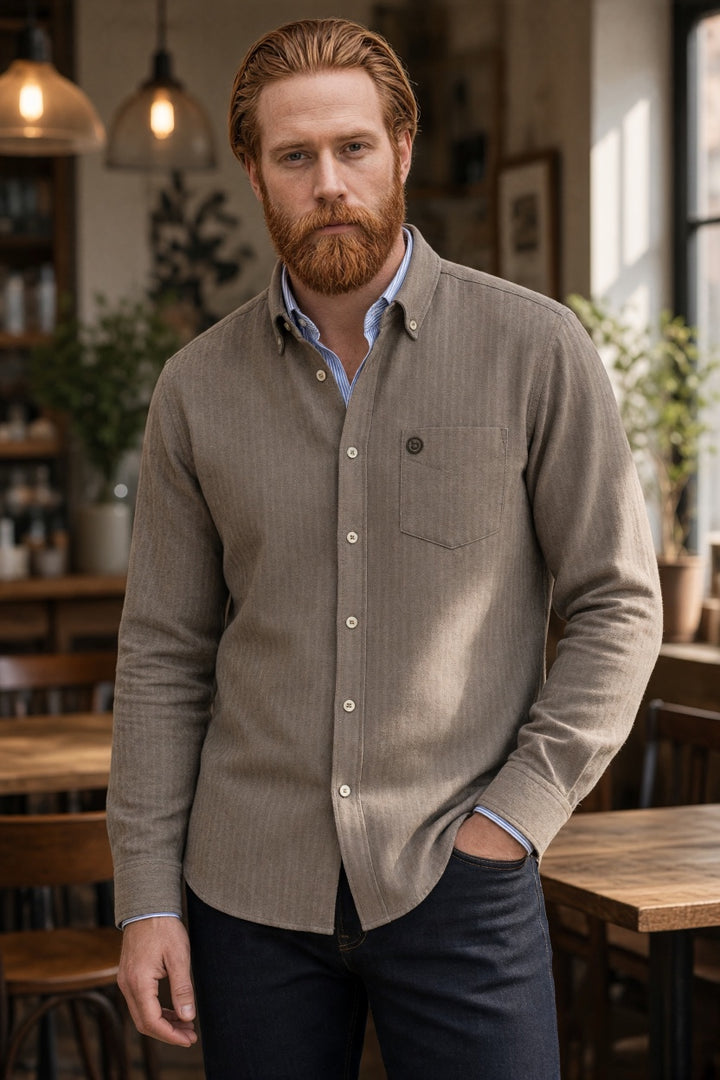 Beige herringbone button-up shirt, long sleeves, collared with chest pocket
