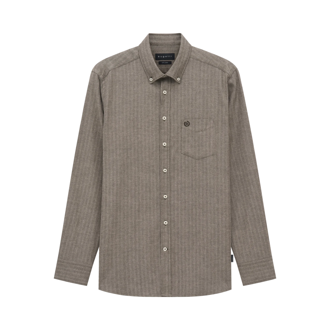 Beige herringbone button-up shirt, long sleeves, front pocket and button placket
