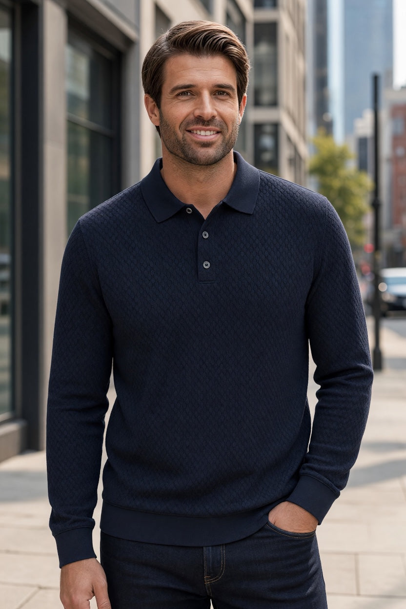 BUGATTI LONG SLEEVE NAVY POLO
