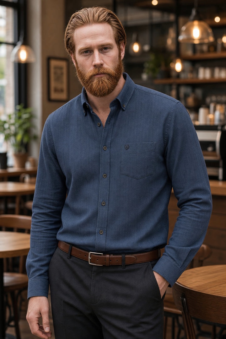Bugatti herringbone navy button-up shirt, long sleeves, button-down collar, chest pocket