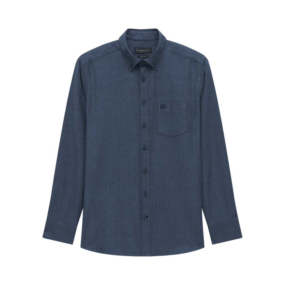 Bugatti herringbone navy shirt with button front, spread collar, chest pocket, long sleeve