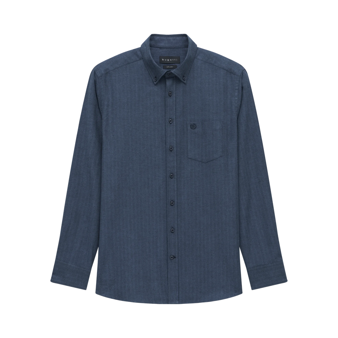Bugatti herringbone navy shirt with button front, spread collar, chest pocket, long sleeve
