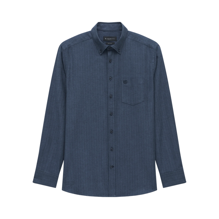 Bugatti herringbone navy shirt with button front, spread collar, chest pocket, long sleeve