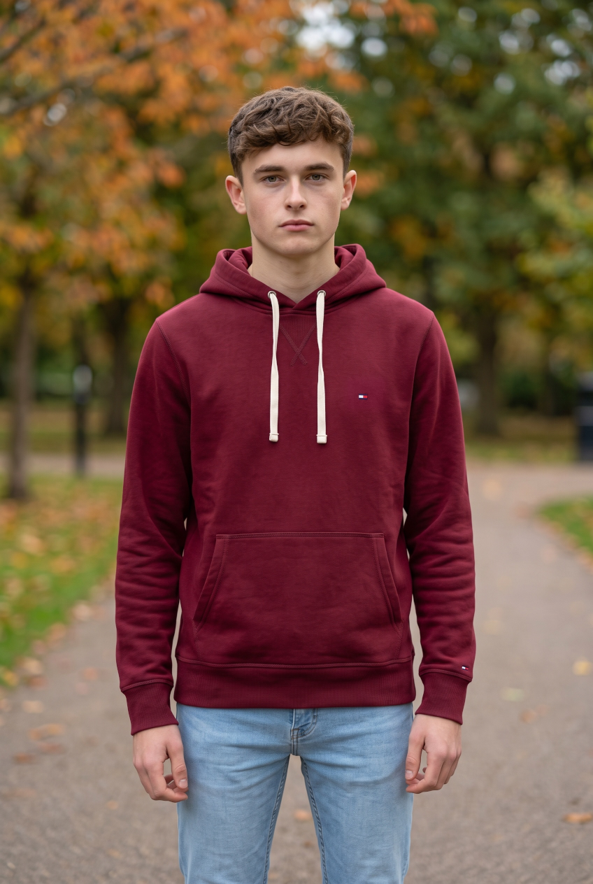 TOMMY HILFIGER  BURGUNDY  ESS SEASONAL FLEECE HOODY