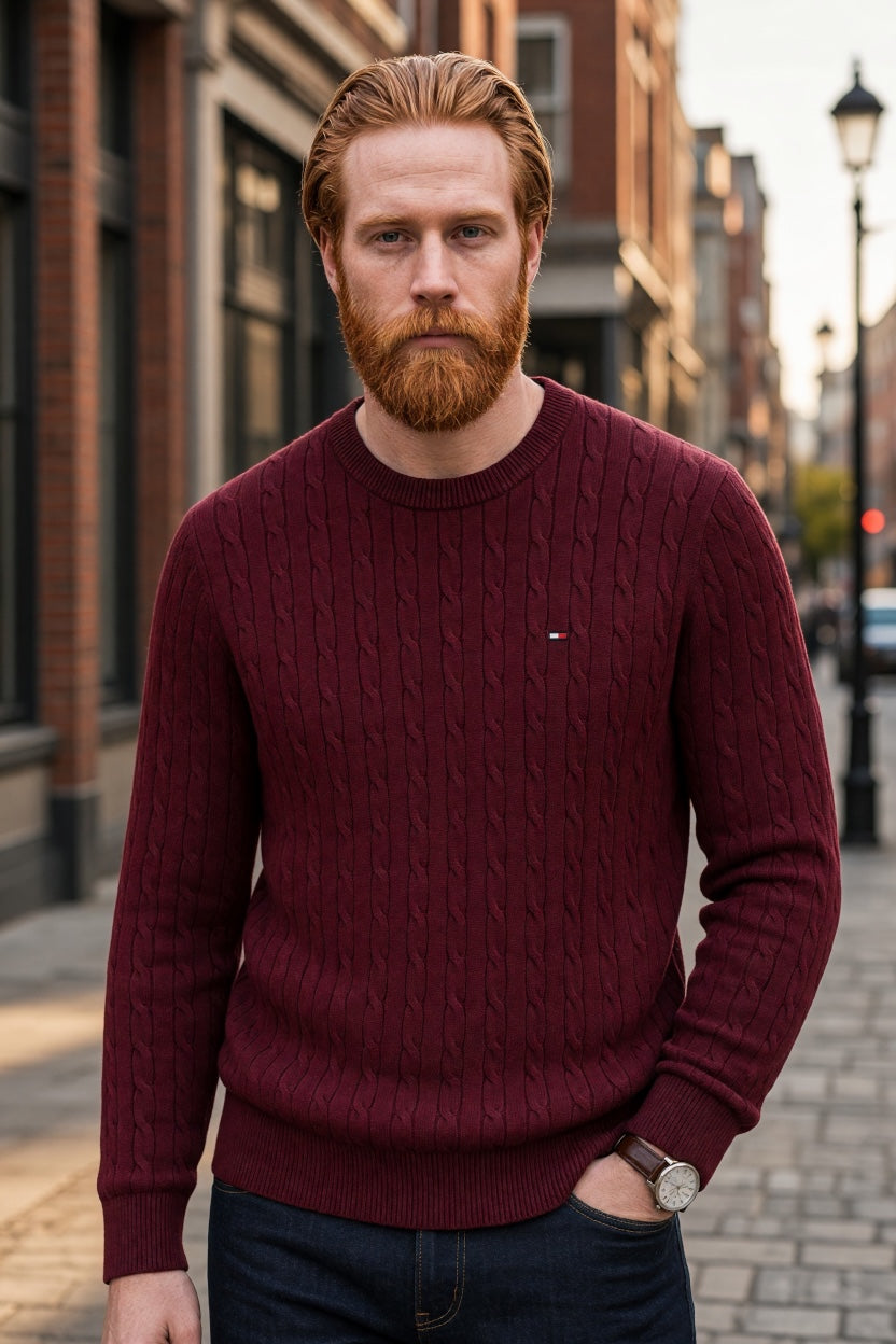 Burgundy cable-knit cotton crewneck sweater