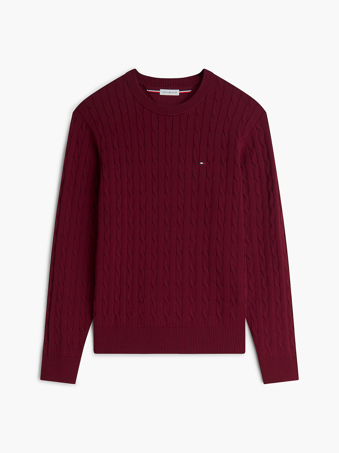 Burgundy cable-knit crewneck cotton sweater, long sleeves