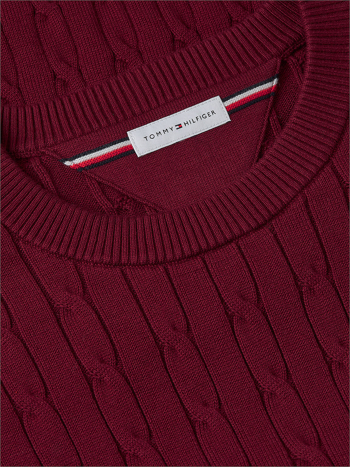 Burgundy knit crewneck sweater with TOMMY HILFIGER tag near neckline