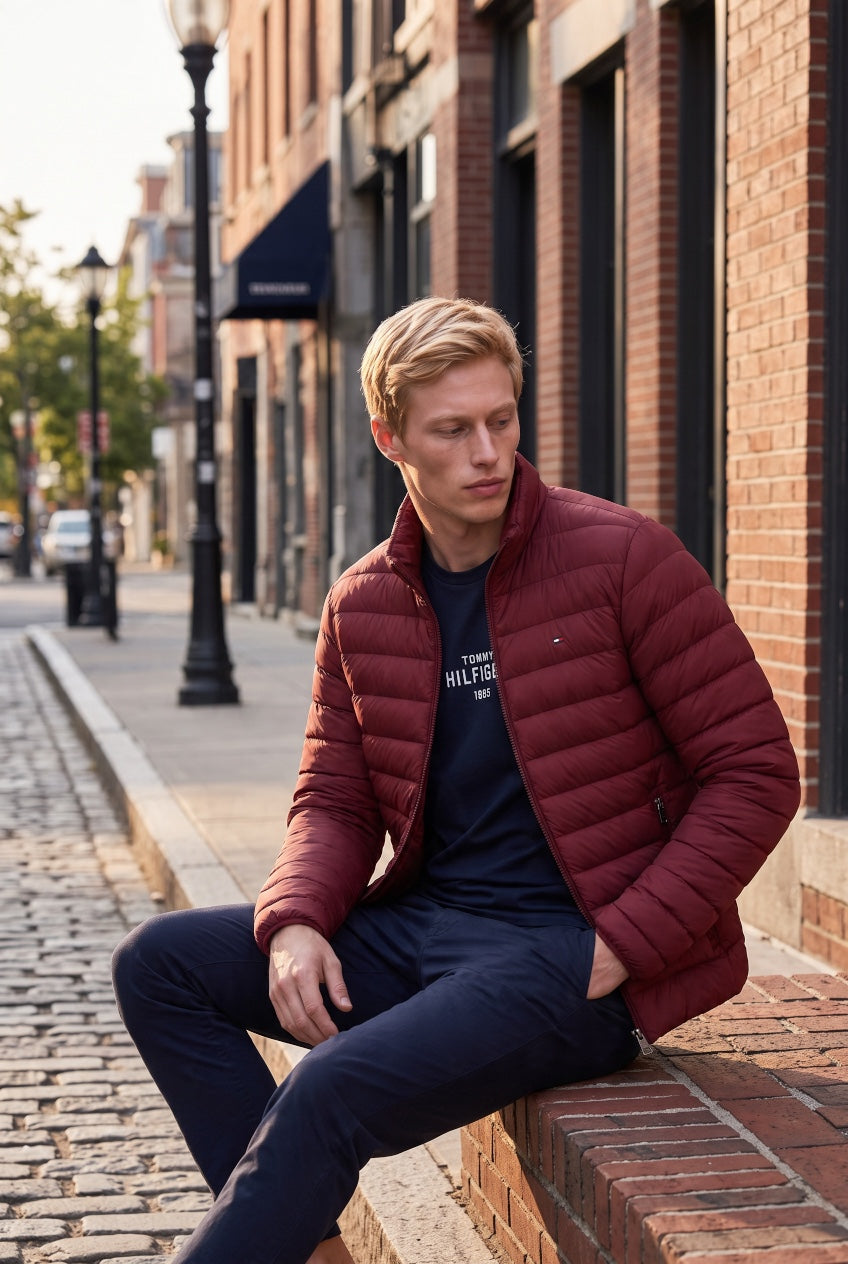 TOMMY HILFIGER BURGUNDY PACKABLE RECYLED JACKET