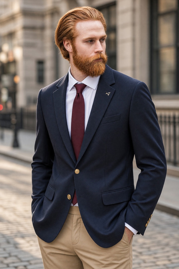 CAIRNE COLLECTIVE navy blazer with notch lapels, welt pockets, and two-button front