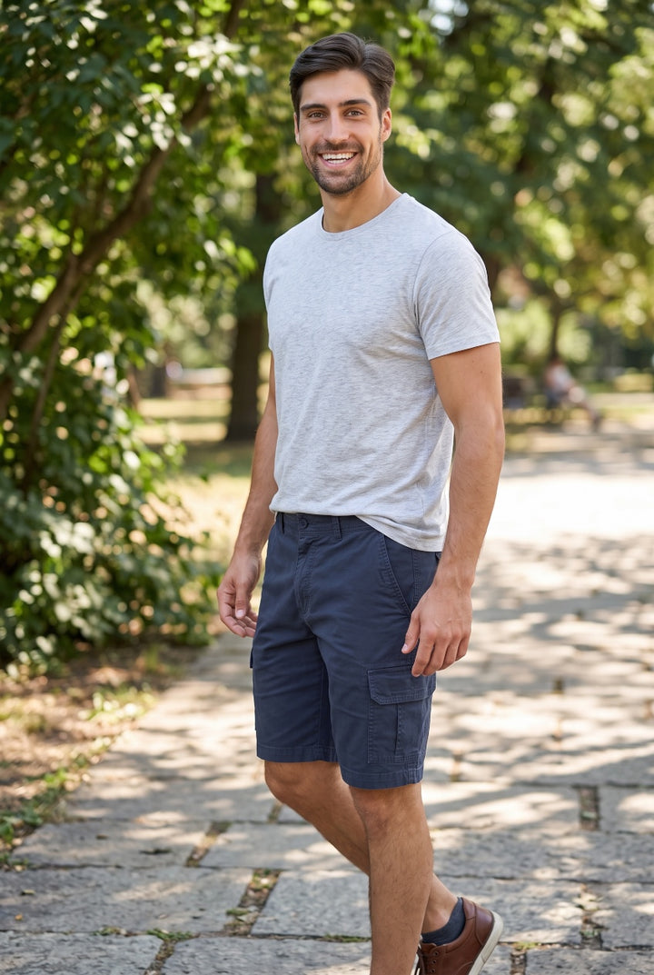 BUGATTI navy cargo shorts, side patch pocket, belt loops, button closure