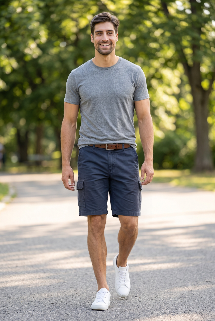 Navy cargo shorts with front pockets, belt loops, button and zip fly