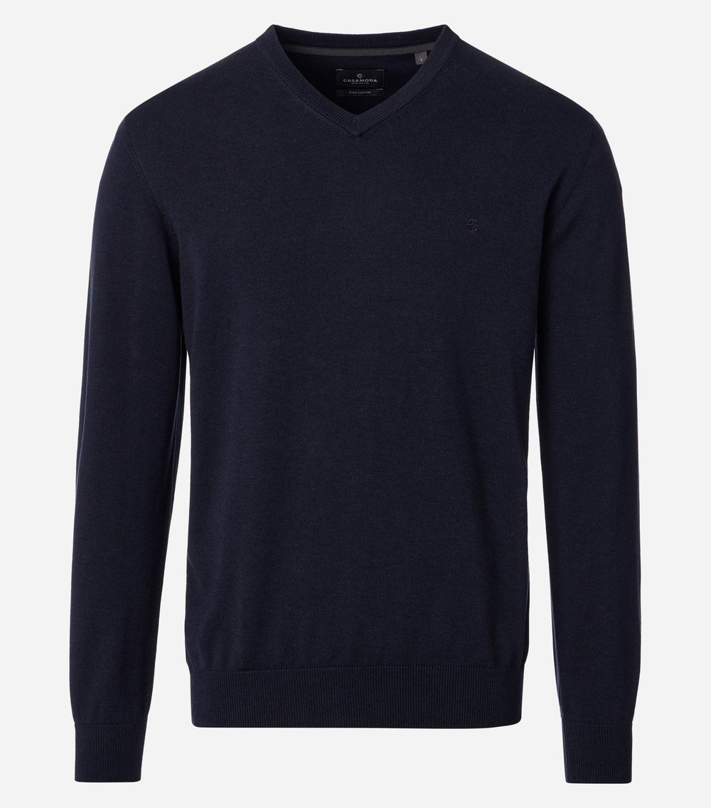 Navy cotton V-neck sweater with long sleeves, ribbed cuffs and hem